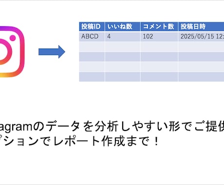 Instagramの分析用データを作成します 投稿ごとのいいね数やエンゲージ傾向を分析しやすい形でご提供！ イメージ1
