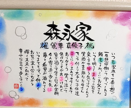 お名前を組み込んだ家族ポエムを作成します ご自宅用インテリア、新築祝い、各種記念品等に。