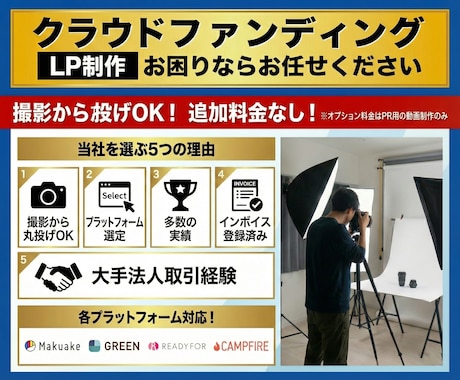 撮影コミコミ♪クラウドファンディング制作します 撮影コミコミで丸投げOK！各プラットフォームでの実績多数有り イメージ1