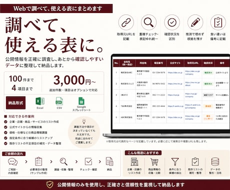 根拠を残してWeb調査・データ収集します 取得元URL付き。推測で埋めず、確認できるデータに整えます イメージ1