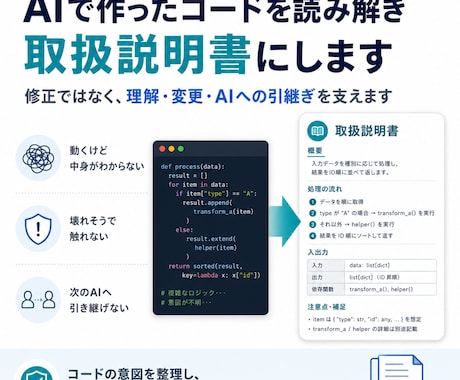 AIで作ったコードを読み解き取扱説明書にしますます 修正ではなく、理解・変更・AIへの引継ぎを支えます イメージ1