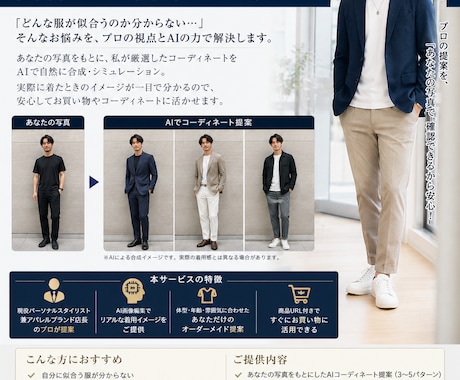 男性専用・現役アパレル店長がコーデを提案します 業界初！ご提案した服をAIで着用した姿にしてご提案します！ イメージ1