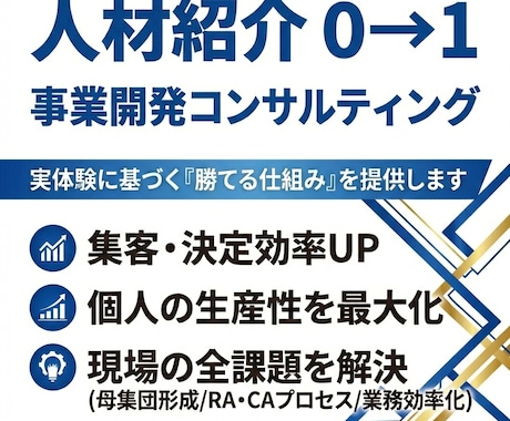 人材紹介事業全般をコンサル支援します ゼロから軌道に乗せた経験と知識を活かし、幅広くお力添えします イメージ1