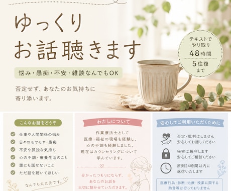 気持ちを整理したい貴方へ。否定せずゆっくり聴きます 「誰かに話したい」その気持ち、聴かせてください イメージ1