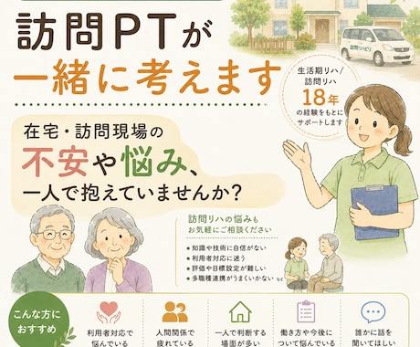 在宅看護・介護現場の悩み、訪問PTが一緒に考えます 在宅・訪問現場の不安や悩み、一人で抱えていませんか？ イメージ1