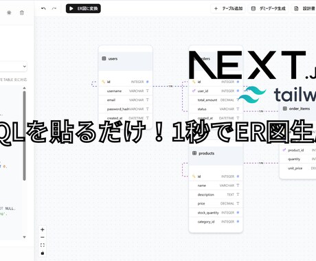 ER図＆ダミーデータ生成！DB設計ツール譲ります デモ公開中！ノーコード・ブラウザ完結のDB設計・可視化 イメージ1
