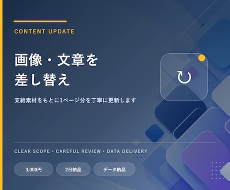 Webページの画像と文章を差し替えます 支給素材をもとに1ページ分を丁寧に更新します イメージ1