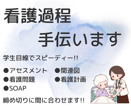 看護過程・看護実習・看護課題　手伝います 看護過程で悩んでいる方へ｜学生目線で丁寧にサポートします イメージ1