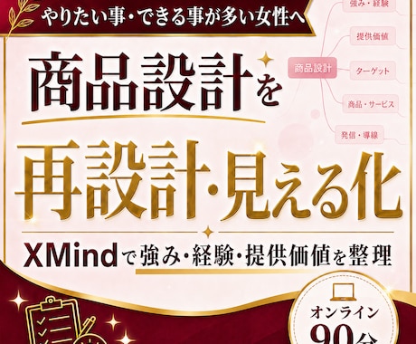 やりたい事・出来る事が多い女性の商品設計を整えます 学びすぎて散らかった思考をXMindで『再設計・見える化』へ イメージ1