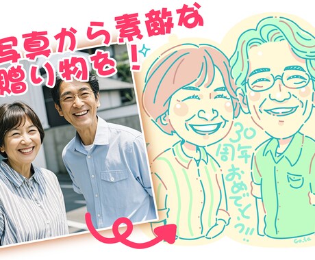 お洒落で温かいニューレトロ似顔絵イラスト描きます バラバラの写真も一枚絵に！雑貨のようなお洒落なギフト似顔絵 イメージ2