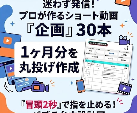 迷わず発信｜ショート動画企画書30本作成します もうネタに悩まない。1ヶ月分まとめて作成します イメージ1