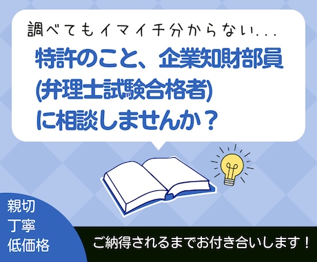 経験豊富な企業知財部員が知財全般の相談を承ります ／特許、商標、著作権、営業秘密、大学の課題にも対応可能！ イメージ1