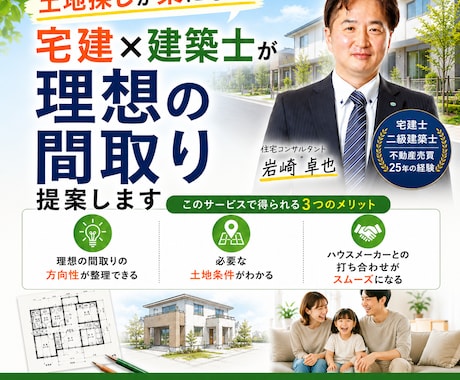 土地探しが楽！宅建×建築士が理想の間取り提案します 注文住宅をお考えの方へ、間取りから必要な土地条件を整理します イメージ1