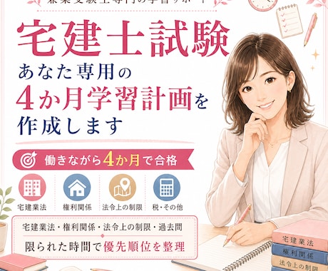 宅建試験の4か月学習計画を作成します 働きながら4か月で合格した経験をもとに個別作成 イメージ1