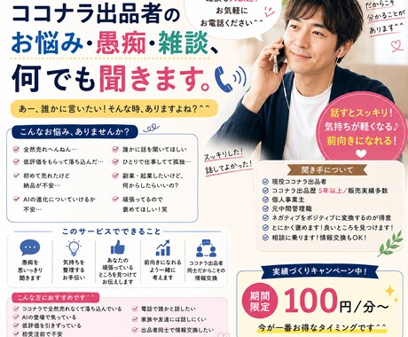 ココナラ出品者のお悩み・愚痴・雑談、何でも聞きます あー、誰かに言いたい！そんな時ありますよね？＾＾ イメージ1