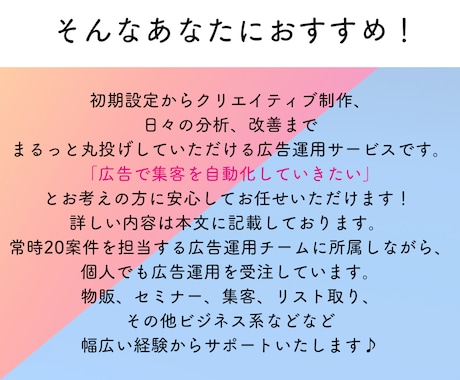 最短3日でFB、インスタ広告をスタートできます 【プロにおまかせ！】広告運用を丸投げして本業に集中しよう♪ イメージ2