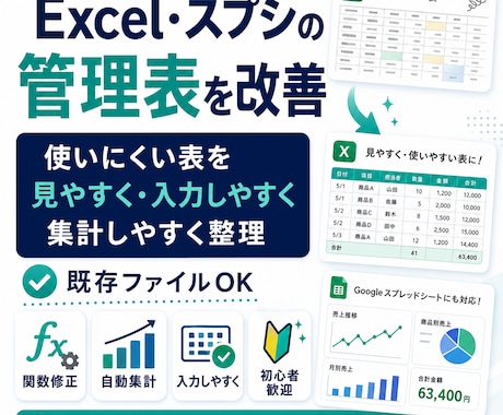 Excel・スプシの管理表を使いやすく改善します 関数・集計・入力画面を整え、毎日の手作業を減らします イメージ1