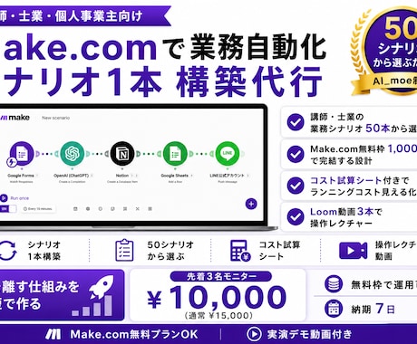 講師・士業向けMake.com自動化を構築します 50シナリオから選ぶだけ、無料枠で完結する設計 イメージ1