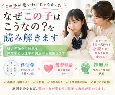 なぜこの子はこうなの？を読み解きます 親子の悩みの背景を、算命学と心理学の視点から紐解きます イメージ1