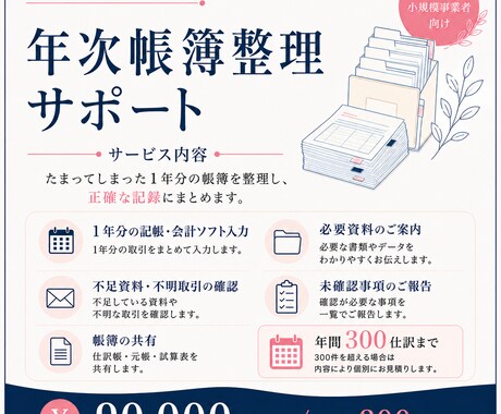 1年分の記帳と帳簿整理をまとめて行います 年間300仕訳まで、90,000円から イメージ2