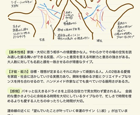 ゆるくてかわいい手相鑑定書をお渡しします 基本性格・才能・能力・感情・開運アドバイスを記します イメージ2