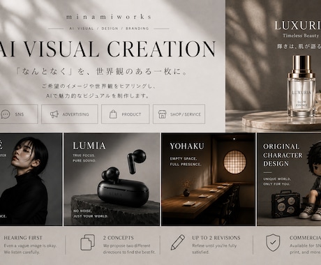 ご希望の世界観に合わせたAIビジュアルを制作します 「なんとなく」のイメージから、世界観ごと形にします イメージ1