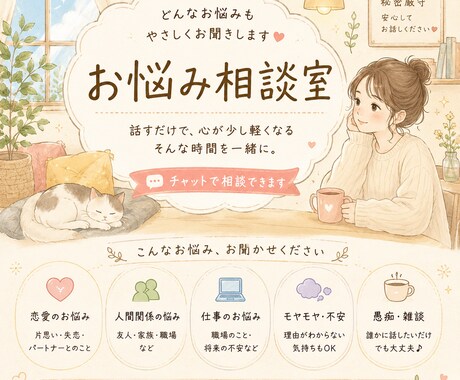 どんな悩みも、チャットでゆっくりお聞きします 話がまとまっていなくても大丈夫。 イメージ1