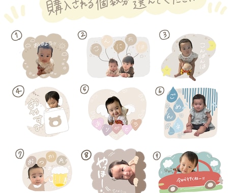 お子さんの可愛いLINEスタンプを作ります 写真を送るだけ♪40種類から選ぶベージュ系LINEスタンプ！ イメージ2