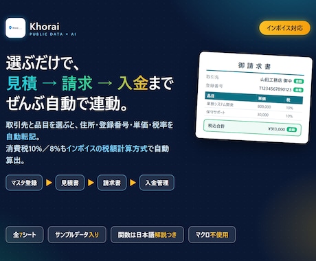 インボイス対応の見積請求Excelを渡します 取引先と品目を選ぶだけ。見積から入金管理まで自動で連動します イメージ1