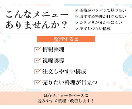 飲食店メニューを注文しやすく｜読みやすく改善します 値上げで崩れたメニューの整理にも対応しています。 イメージ2