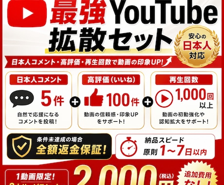 YouTube日本人コメント再生回数高評価上げます ユーチューブ  コメント5 再生回数1000 高評価100 イメージ1