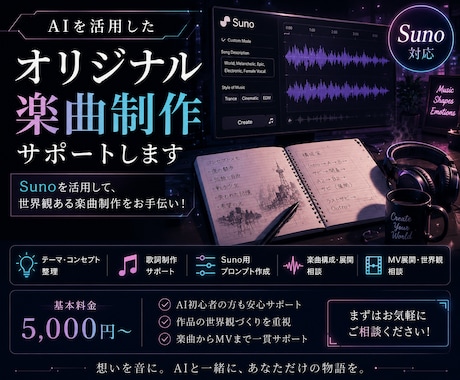 AIを活用したオリジナル楽曲制作をサポートします Sunoを活用して、世界観ある楽曲制作をサポートします イメージ1