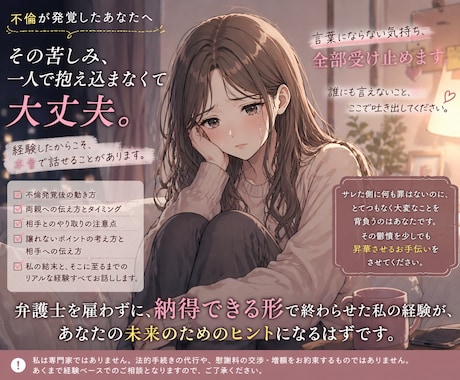 不倫のこと、元サレ妻の私が全部聞きます 弁護士を雇わずに戦った元サレ妻が不倫の話聞きます。 イメージ1