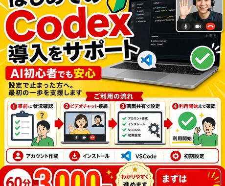 AI初心者向けにCodex導入を丁寧に支援します 設定で止まった方へ。Codex導入の最初の一歩を支援します。 イメージ1