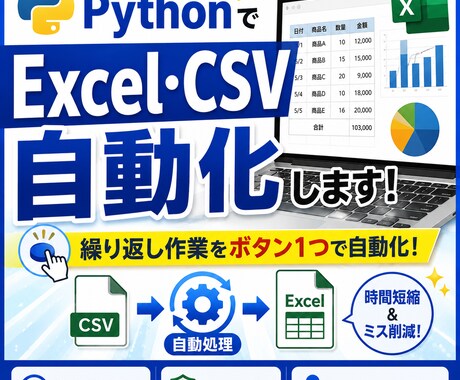 PythonでExcel・CSVを自動化します 繰り返し作業をボタン1つで自動化します イメージ1