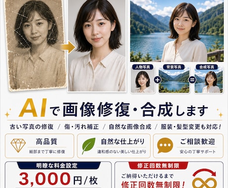 AI活用！画像修復・自然合成します 古い写真修復・人物合成・EC用モデル合成まで自然に仕上げます イメージ1