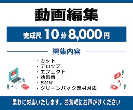 ご希望のテイストに合わせて動画編集いたします 柔軟に対応いたしますので、お気軽にご連絡ください。 イメージ1