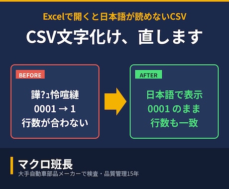 ExcelのCSV文字化け・取込を直します SJIS/UTF-8判定・改行崩れ・桁落ちに対応 イメージ1