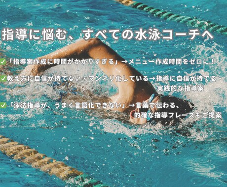 水泳の指導案作成します 初心者〜現役コーチ向けに、級別・目的別の指導案作成します！！ イメージ2