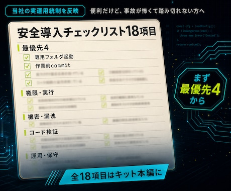 Claude Code安全導入を18項目で整えます 最優先4と設定雛形付き。事故が起きにくい状態で始められます イメージ2