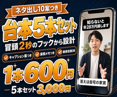 ショート動画の台本を5本セットで作成します 冒頭2秒のフックから設計。キャプション・タグ案つき イメージ1
