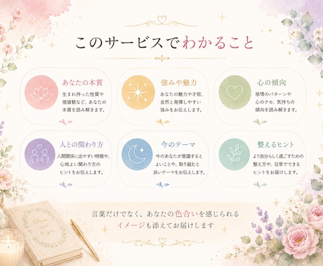 生年月日から、あなたの色と本質をやさしく診断します 自分らしさ・強み・心の傾向を知りたい方へ イメージ2