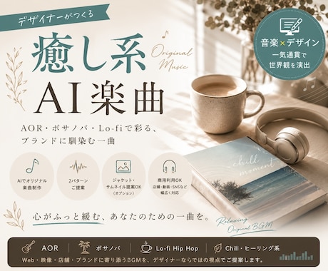 デザイナーが作る、癒し系AI楽曲を生成します AOR・ボサノバ・Lo-fiで彩る、ブランドに馴染む一曲 イメージ1