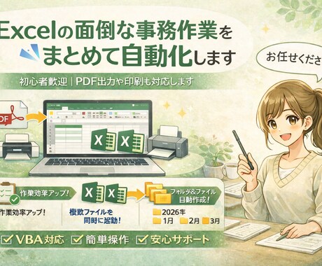 Excelの面倒な事務作業を自動化します 初心者歓迎｜PDF出力や印刷も対応します イメージ1