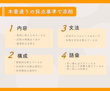 本番の採点基準で英検のライティングを添削します 予想得点付き／高得点のコツがみるみる分かる／4つの採点項目 イメージ2