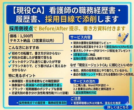 現役CA｜看護師の職務経歴書、採用目線で添削します 採用側視点でBefore/After提示、書き方資料付きます イメージ1