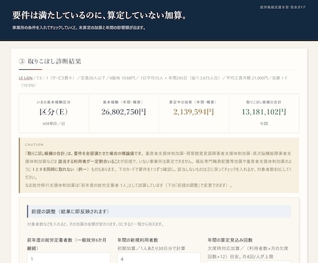 就労Ｂ型の加算取りこぼしを診断するツール渡します 取れるのに取っていない加算と、その年間影響額が出ます イメージ2