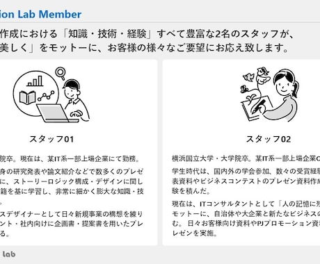 ロジカルに美しく！高品質なプレゼン資料に仕立てます 知識・技術・経験すべて豊富なスタッフが、様々なご要望に対応！ イメージ2