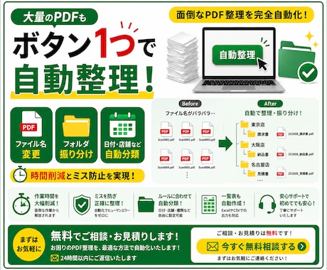 PDFを自動整理・名前変更・フォルダ振り分けします 面倒なPDF整理をボタン1つで自動化します イメージ1