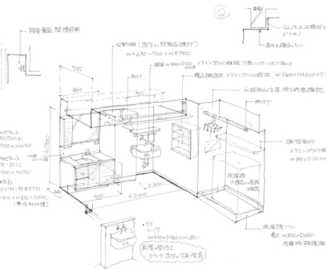 3.手描きのパースに図面情報を載せて制作します 建築や内装の設計図を分かりやすく説明できる資料として。 イメージ1